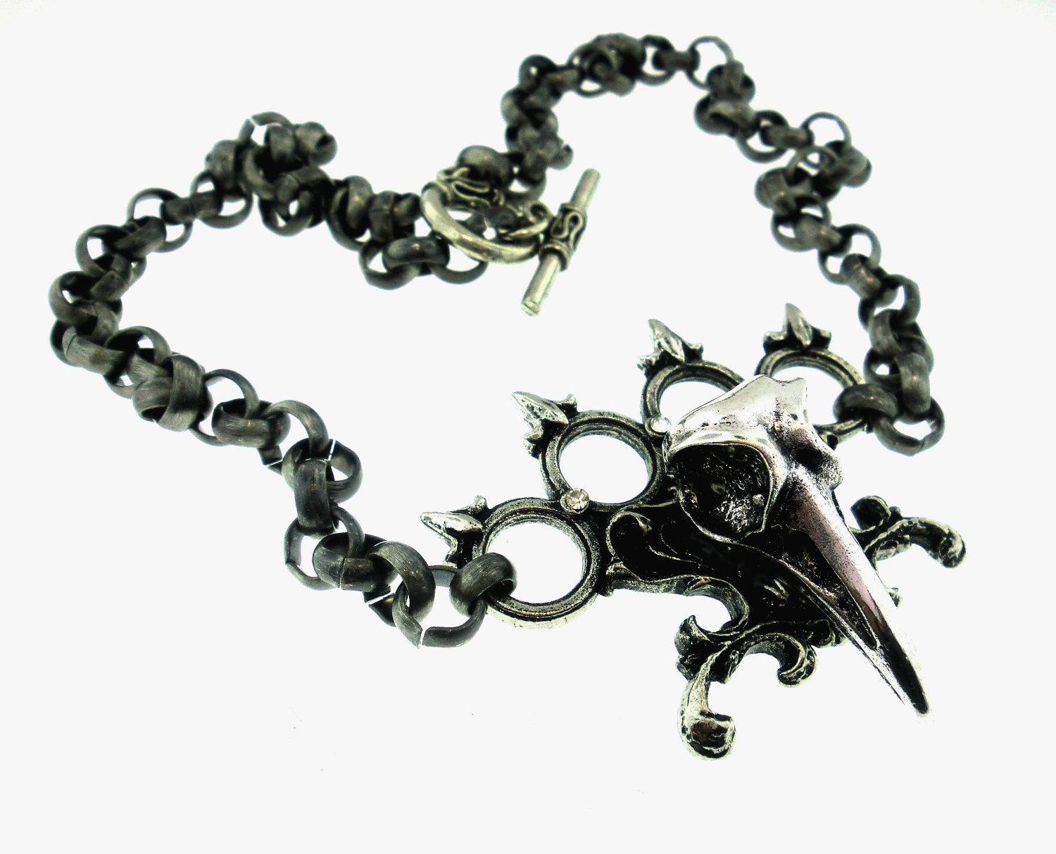 Men's: Gothic/Steampunk/Dark Romance - Bird Skull Knuckles Choker with Heavy Chain