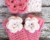 The Emma Beanie in White and Baby Pink Available in Newborn to 12 Months Size With Matching Leg Warmers- MADE TO ORDER