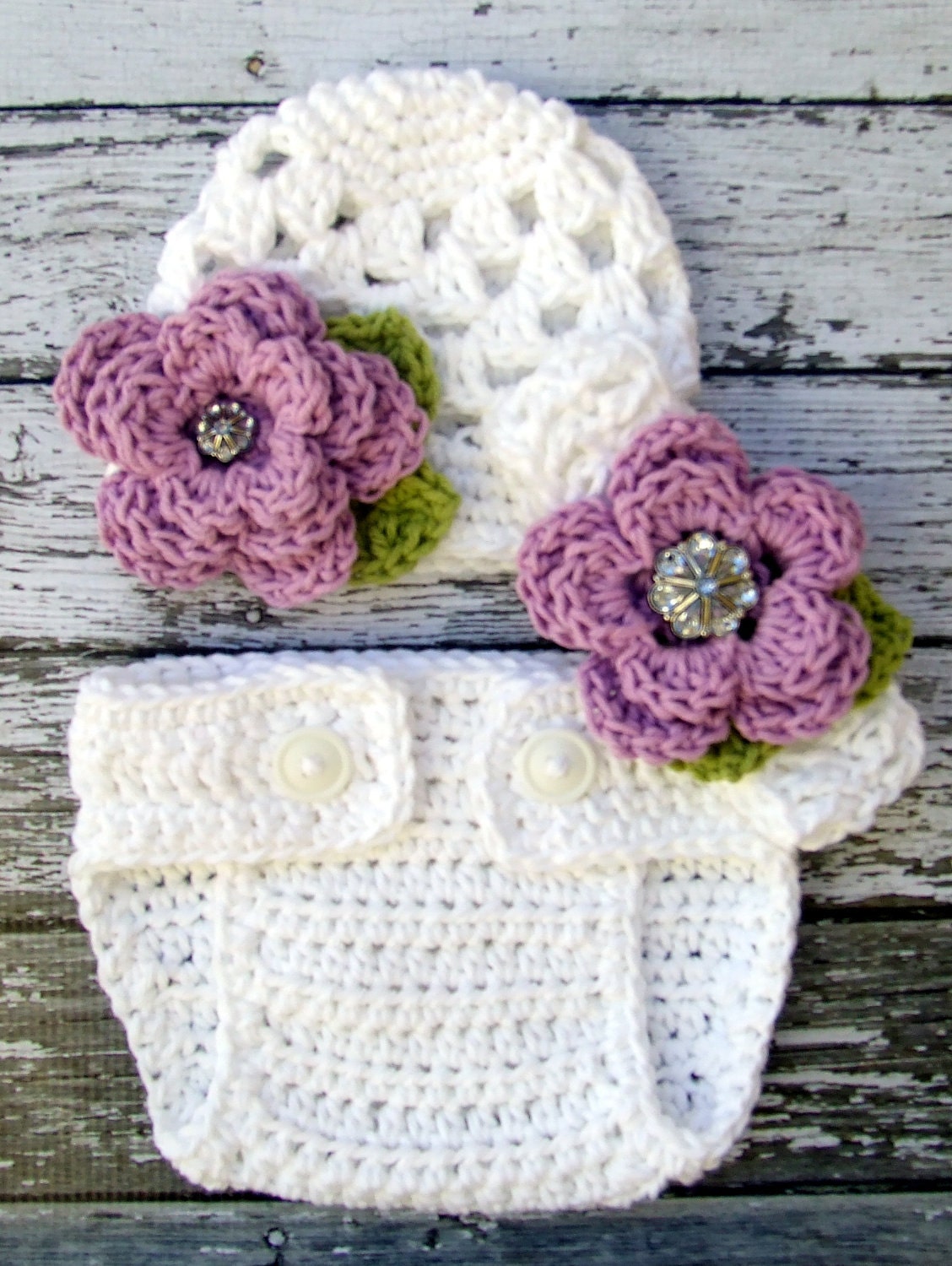 Sophia Flower Beanie and Diaper Cover set  in White, Violet, and Celery Green Available in Newborn to 24 Months Size- MADE TO ORDER
