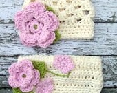 The Sofia Flower Beanie in Baby Pink, Ecru and Celery Green with Matching Diaper Cover Available in Newborn to 24 Months Size- MADE TO ORDER