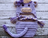 Little Miss Monkey Beanie in Purple and Caramel with Matching Diaper Cover Available in Newborn to 24 Months Size- MADE TO ORDER