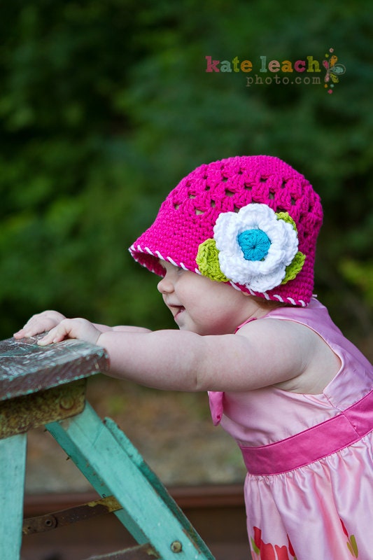 The Sofia Bucket Sun Hat in Hot Pink, White, Teal and Lime Green Available in Newborn to Tween Size- MADE TO ORDER