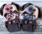 Little Mr. & Miss Puppy Beanies and Matching Diaper Covers For Twins in Caramel, Taupe, Pink and Blue In Four Sizes- MADE TO ORDER