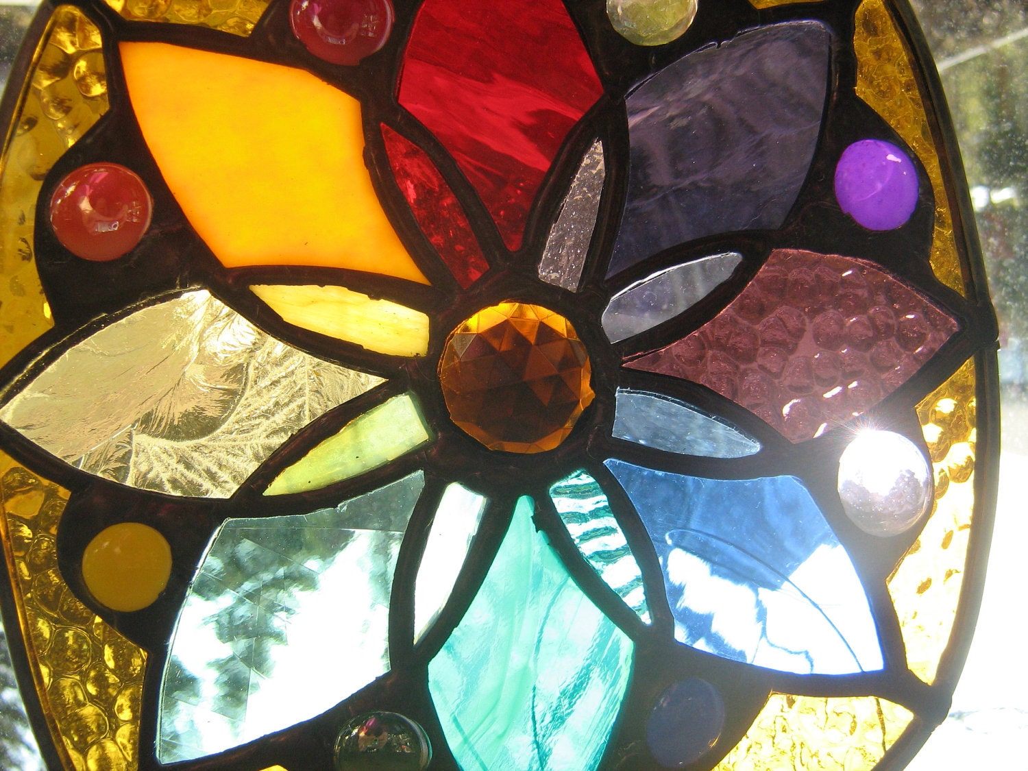 AVAILABLE NOW...colorful Stained glass GOLDEN mini color wheel with crystal and glass gems to match