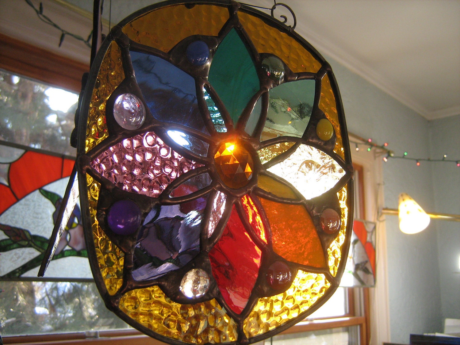AVAILABLE NOW...colorful Stained glass GOLDEN mini color wheel with crystal and glass gems to match