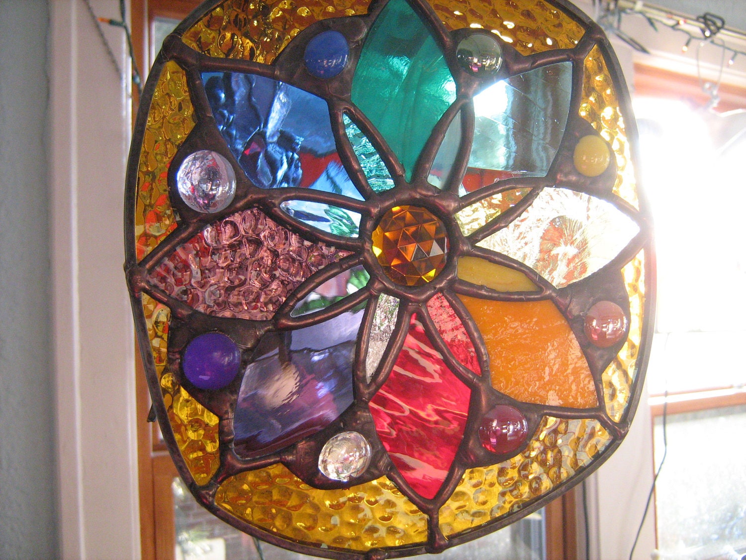 AVAILABLE NOW...colorful Stained glass GOLDEN mini color wheel with crystal and glass gems to match
