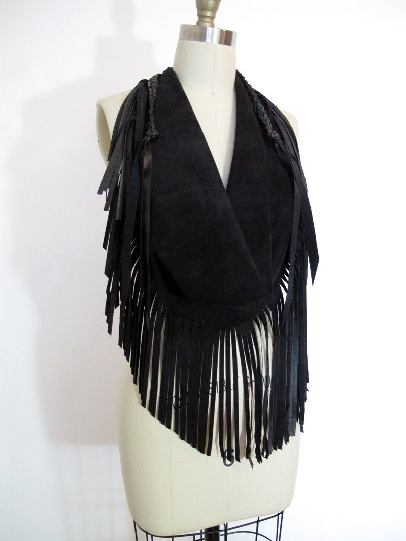 Leather Fringed Scarf - Black Suede