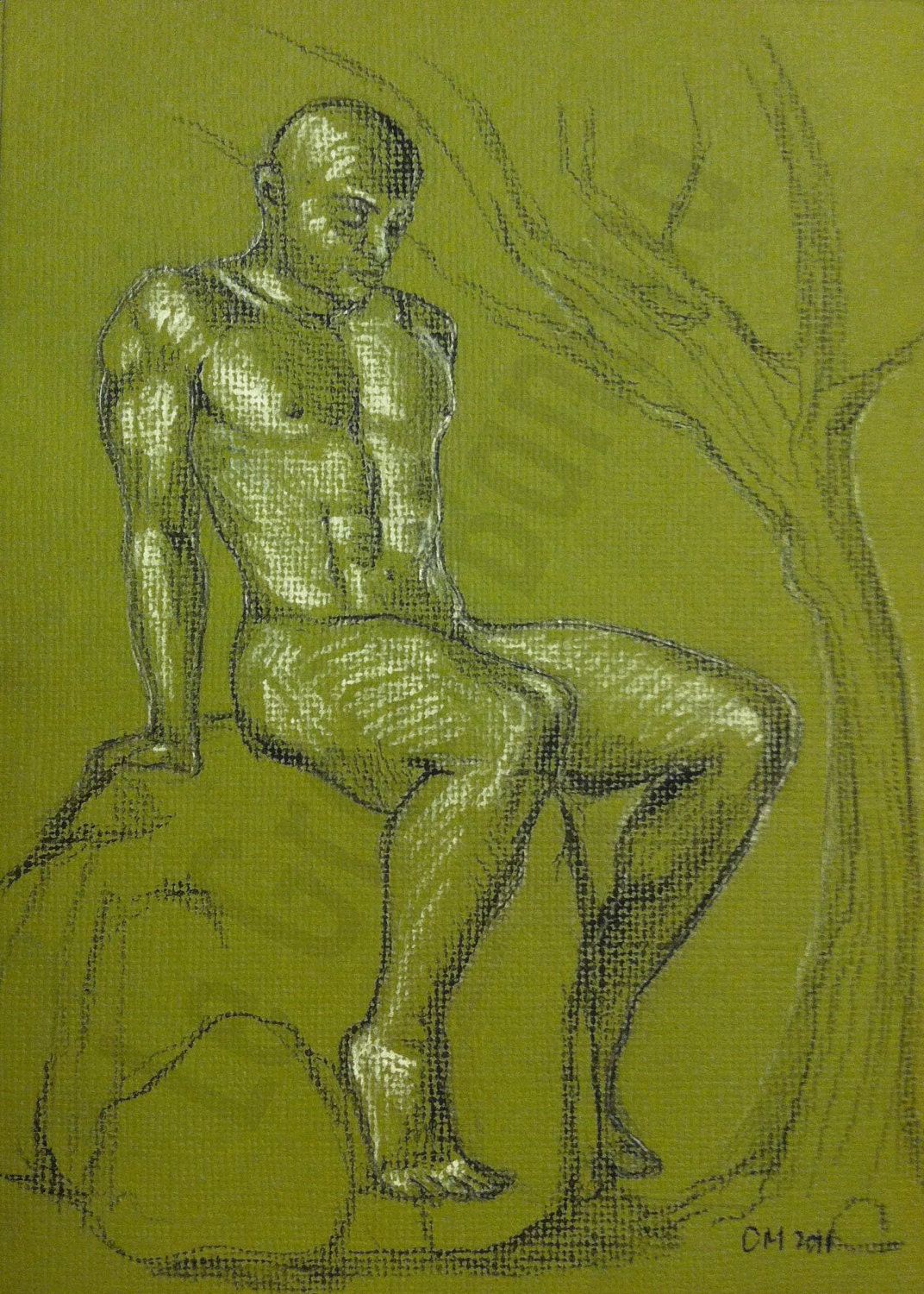 Sale - ORIGINAL Nude Male Figure - Charcoal Drawing on Green cardstock - 5x7