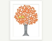 Love Birds Personalized - Tree in Orange Grey & Green - 8x10 Art Print Digital Print Monogram Date - Engagement Shower Anniversary