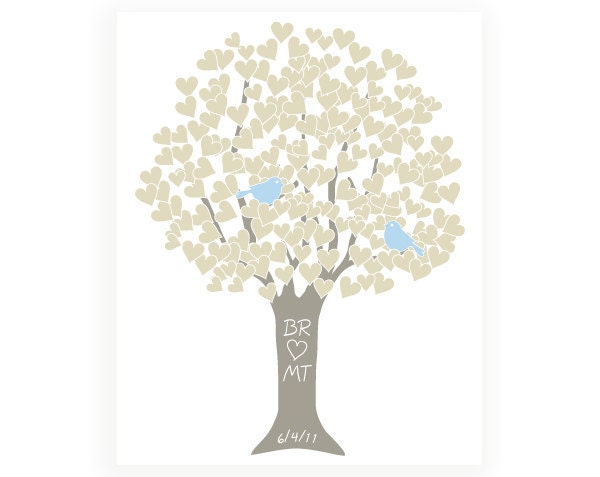Bridal Shower Gift Heart Tree Print in Taupe w Bluebirds - 8x10 Art Print Digital Monogram Name Date - Wedding Anniversary