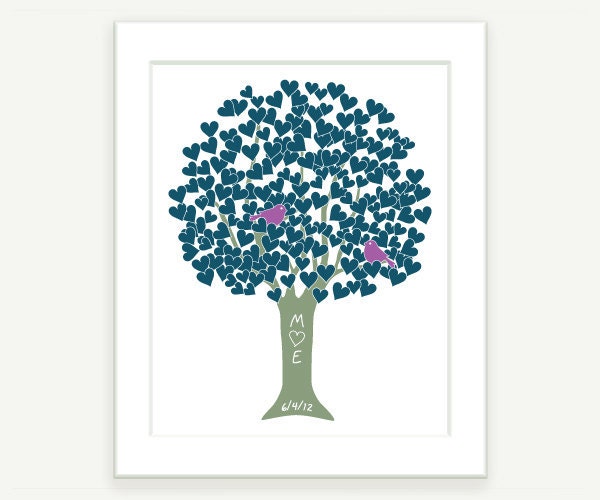 Wedding Gift / First Anniversary Gift - Heart Tree Love Birds - Blue Pink Green - 8x10 Wall Art Digital Print