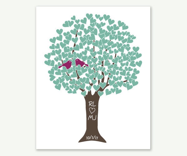 Heart Tree Love Birds Teal, Plum, Chocolate - Love Tree Wedding Gift - 8x10 Digital Print w Initials Date - Shower Anniversary