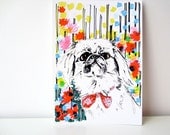 Peeko - Dog in Flowers -  Archival A4 Print from original illustration