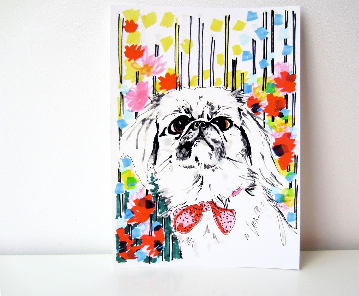 Peeko - Dog in Flowers -  Archival A4 Print from original illustration