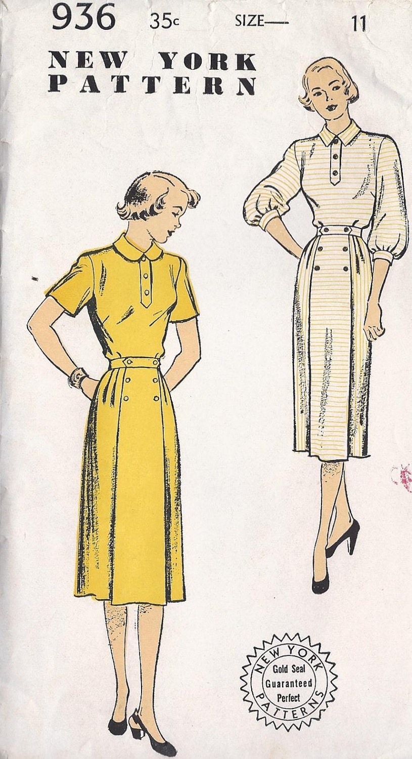 1950s Junior Day Dress Vintage Sewing Pattern New York Pattern 936 Bust 29" Uncut