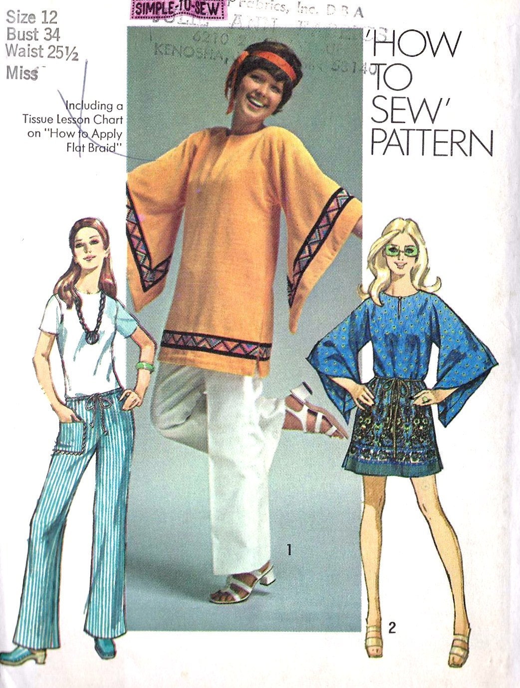 1970s Simple-To-Sew Misses' Tunic and Hip-Hugger Pants or Shorts Vintage Sewing Pattern Simplicity 9178 Bust 36" uncut