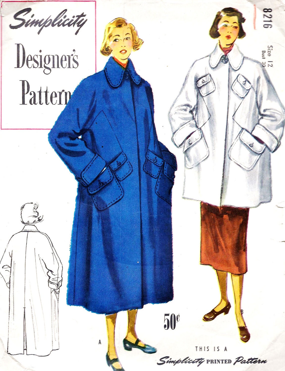 1940s Misses Topcoat Vintage Sewing Pattern, Simplicity Designer's Pattern 8216 bust 30" - MissBettysAttic