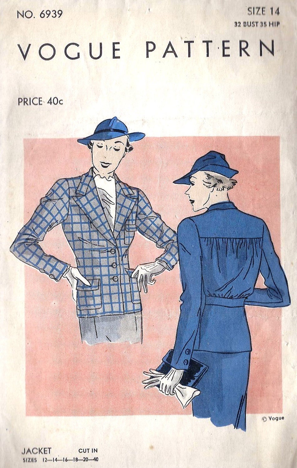 1930's Misses Jacket Vintage Sewing Pattern, Vogue 6939 bust 32"
