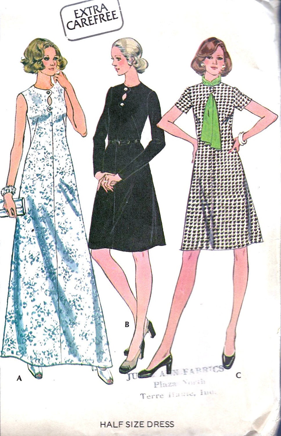 1970s Plus Size Maxi Dress A-Line Short Dress Pattern McCalls 3827 Women Bust 45"