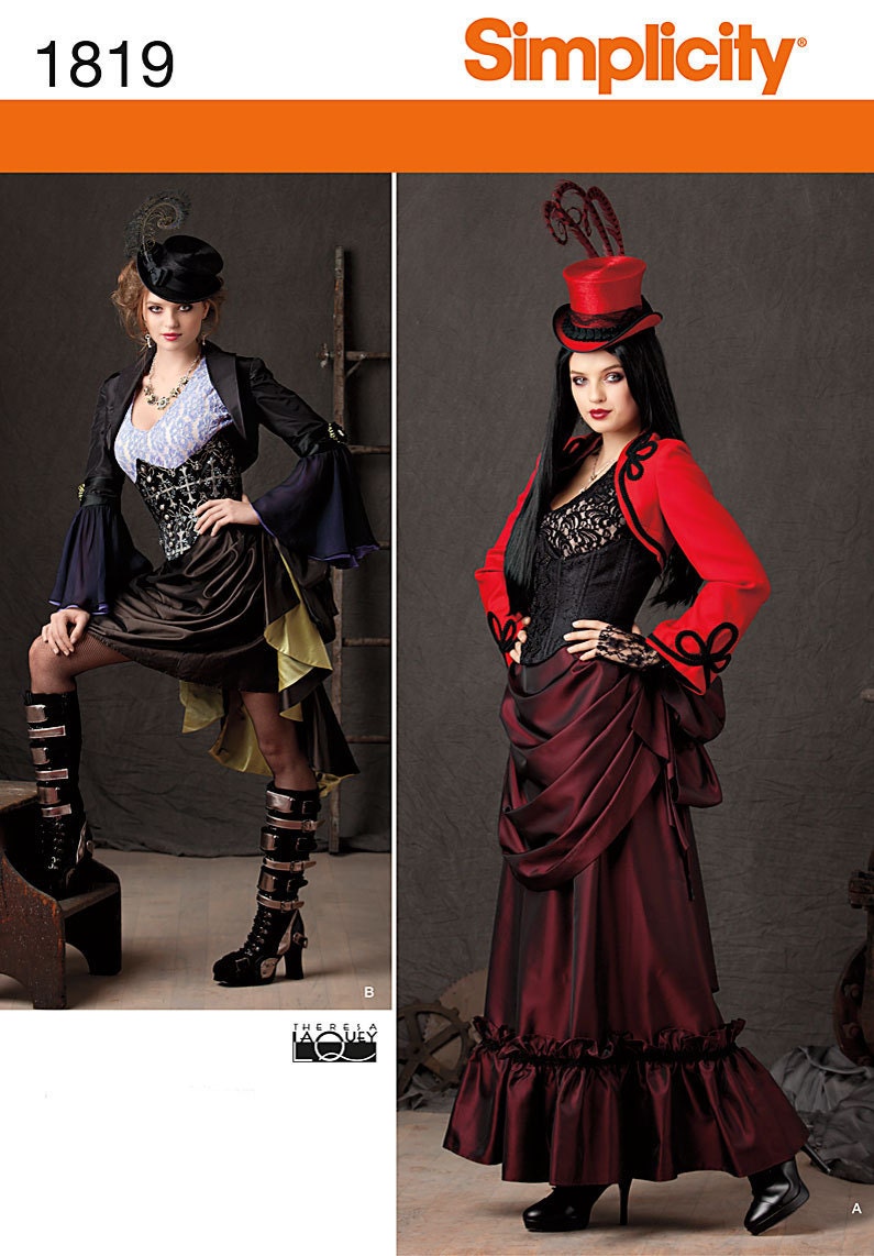 Steampunk Victorian Misses Dress costume sewing pattern, skirt in two lengths, bolero, top, bustier, Simplicity 1819 Sizes 6, 8, 10, 12