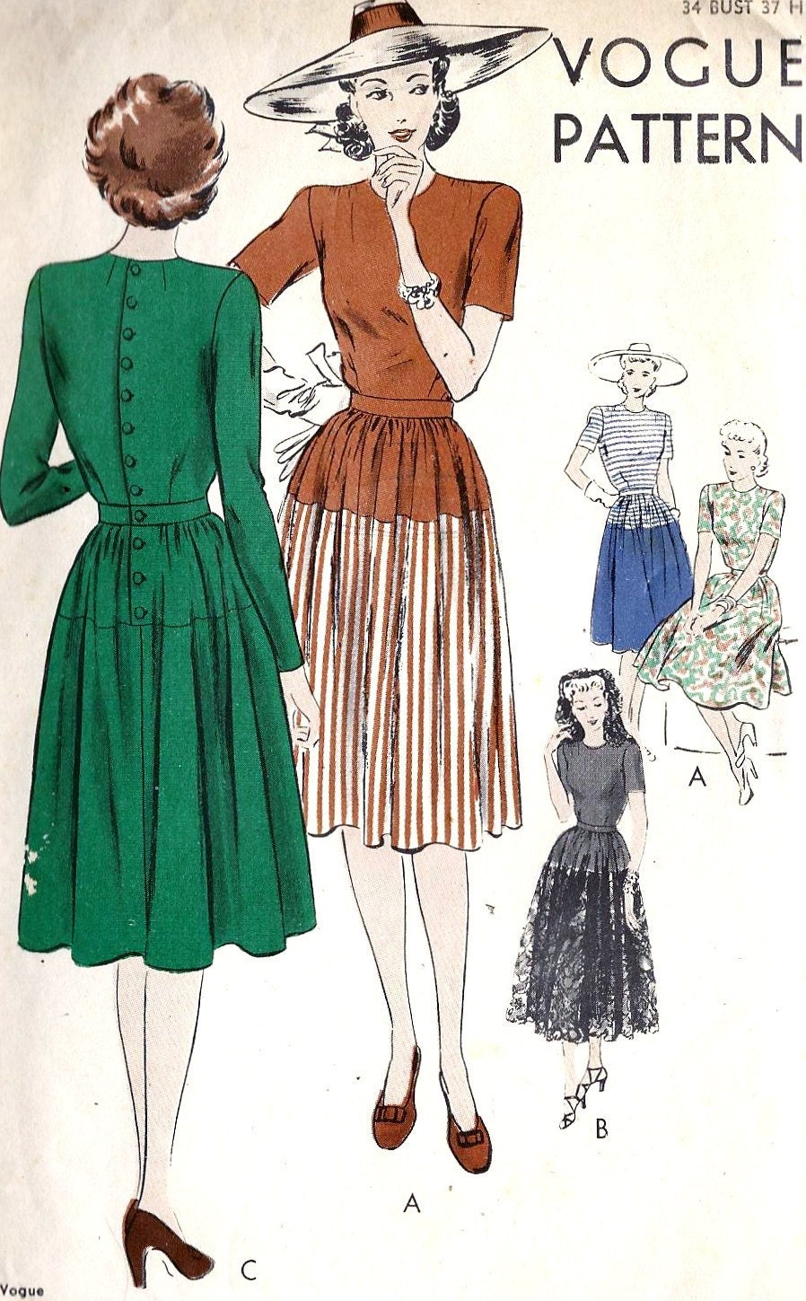 1940s Misses One Piece Dress Mantilla  Vintage Sewing Pattern Vogue 9364 Bust 34" uncut