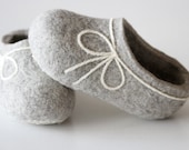 Hand Felted Wool Slippers for Everyone. Light Gray with  White decor.