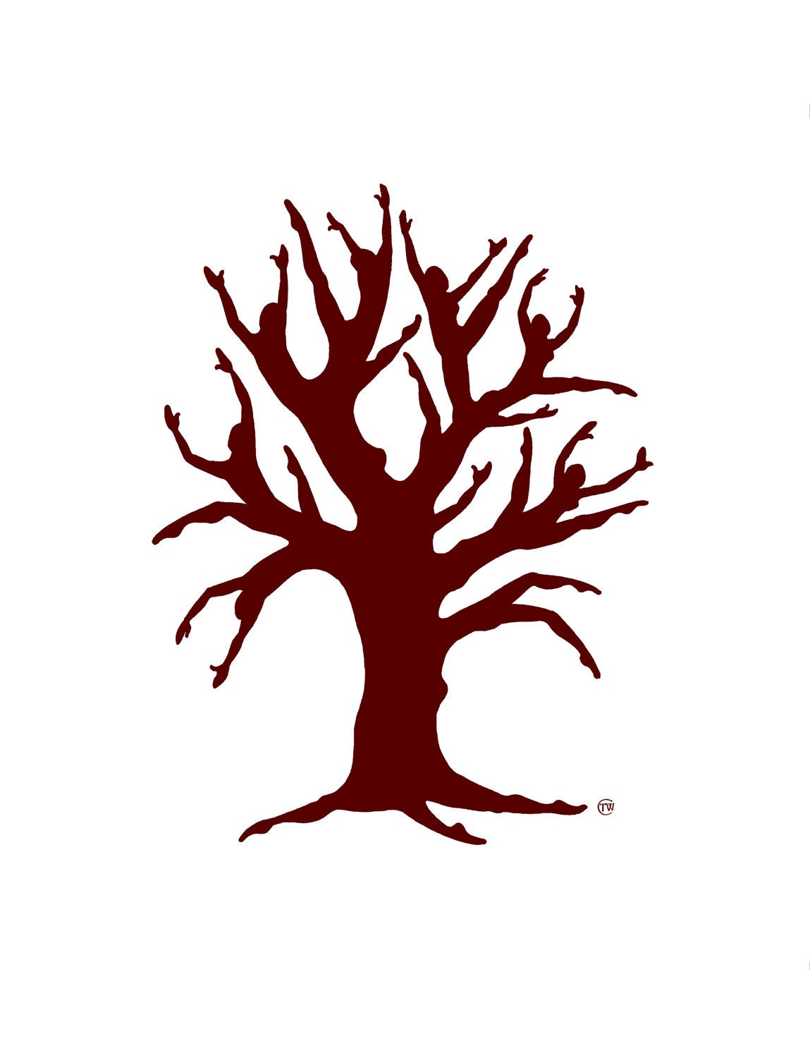 Burgundy Red Dancing Tree Silhouette - art print 8 x 11
