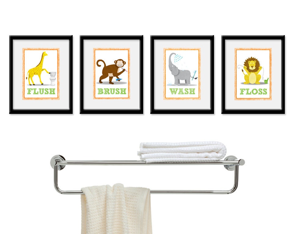 Bathroom Kids Art - Set of Four 5 x 7 Bathroom Decor Prints - kids decor, children wall art, bathroom art, kids bathroom