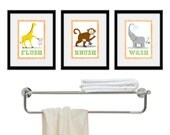 Kids Bathroom Wall  Art - Three 5 x 7 Bathroom Jungle Safari Prints. Bathroom Rules - Wash, Brush & Flush Children Wall Decor