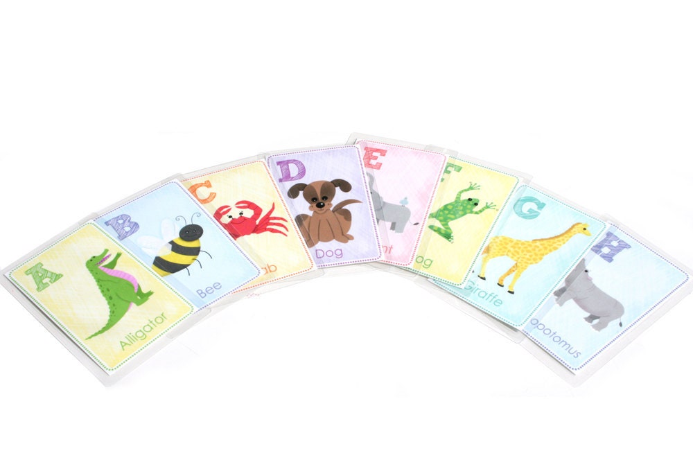 Alphabet Animal Nursery Art - Kid Wall Art - Alphabet Flash Cards - Set of 26, 3.5" x 5.5" Laminated, Children Decor, Baby Art - krankykrab