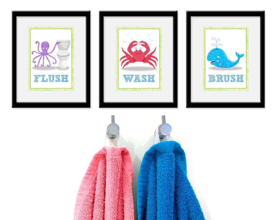 Bathroom Sea theme Kids Art - Set of Three 5 x 7 Bathroom Decor Prints -Sea Theme kids decor, children wall art, bathroom art, kids bathroom