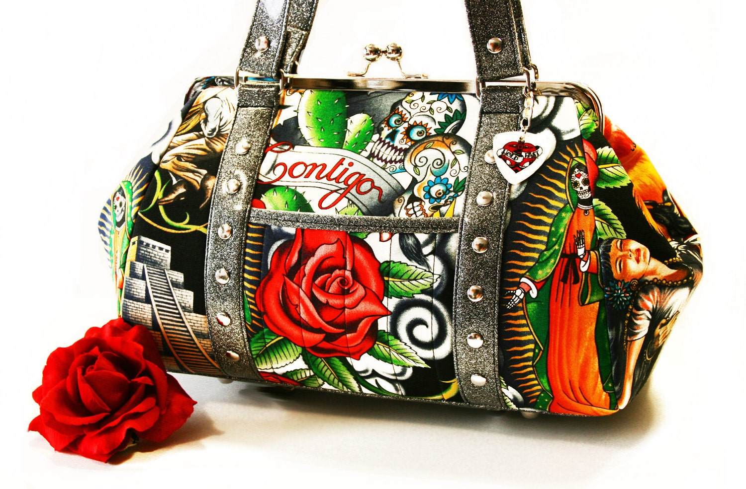 Black Day of the Dead Purse with Your Choice of Vinyl, Rockabilly Handbag, Contigo - MADE TO ORDER