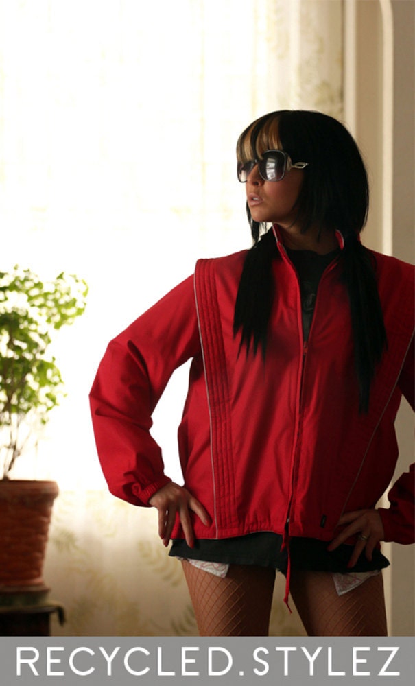 lady thriller  -  vtg 80s 'Quilted Space Bib' Red Zip-up Track Jacket - M / L
