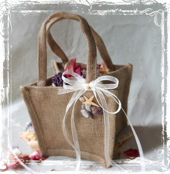 By The Sea Burlap Flower Girl Basket - Fall Summer Winter Beach Weddings - Destination - Starfish And Seashells Wedding
