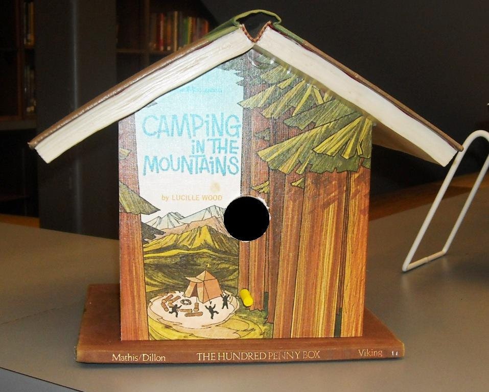 Bookshelf Birdhouse made from Vintage Camping Books - Rustic Green and Brown Book Birdhouse