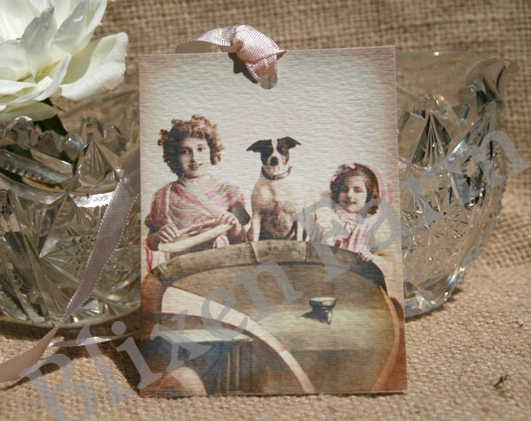 Victorian Girls and Dog Vintage Print Set of 3 Gift Tags - Printed on Watercolor Paper