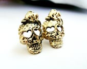 Skull gold studs - brass and silver metalwork - Day of the dead earrings - Dia de los muertos jewelry