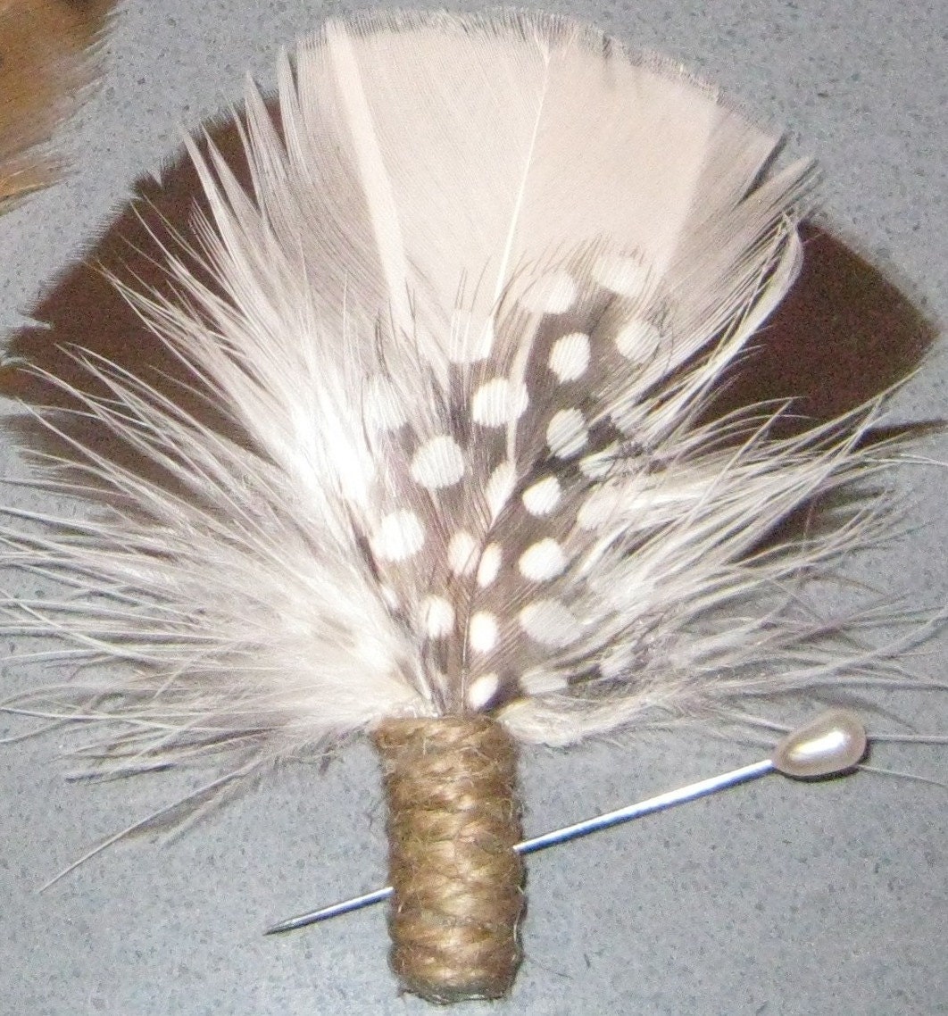 Fall Feather  Boutonniere--- Guinea feather wrapped in twine --Beautiful Boutonniere/Brooch