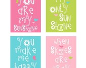 You Are My Sunshine Kids Wall Art Print Set For Girls Bedroom or shared space 11x14 in  hot pink, spring green,aqua and sweet pink