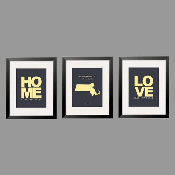 Anniversary gift in Yellow and Gray. Love Lives Happy Here, Home Sweet Home,Customized State Map 3 ps print set 8x10 by Yasisplace