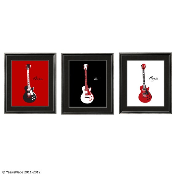 Guitar Art Children's Wall Art in red, black and white 3 pc set 8x10 by Yassisplace