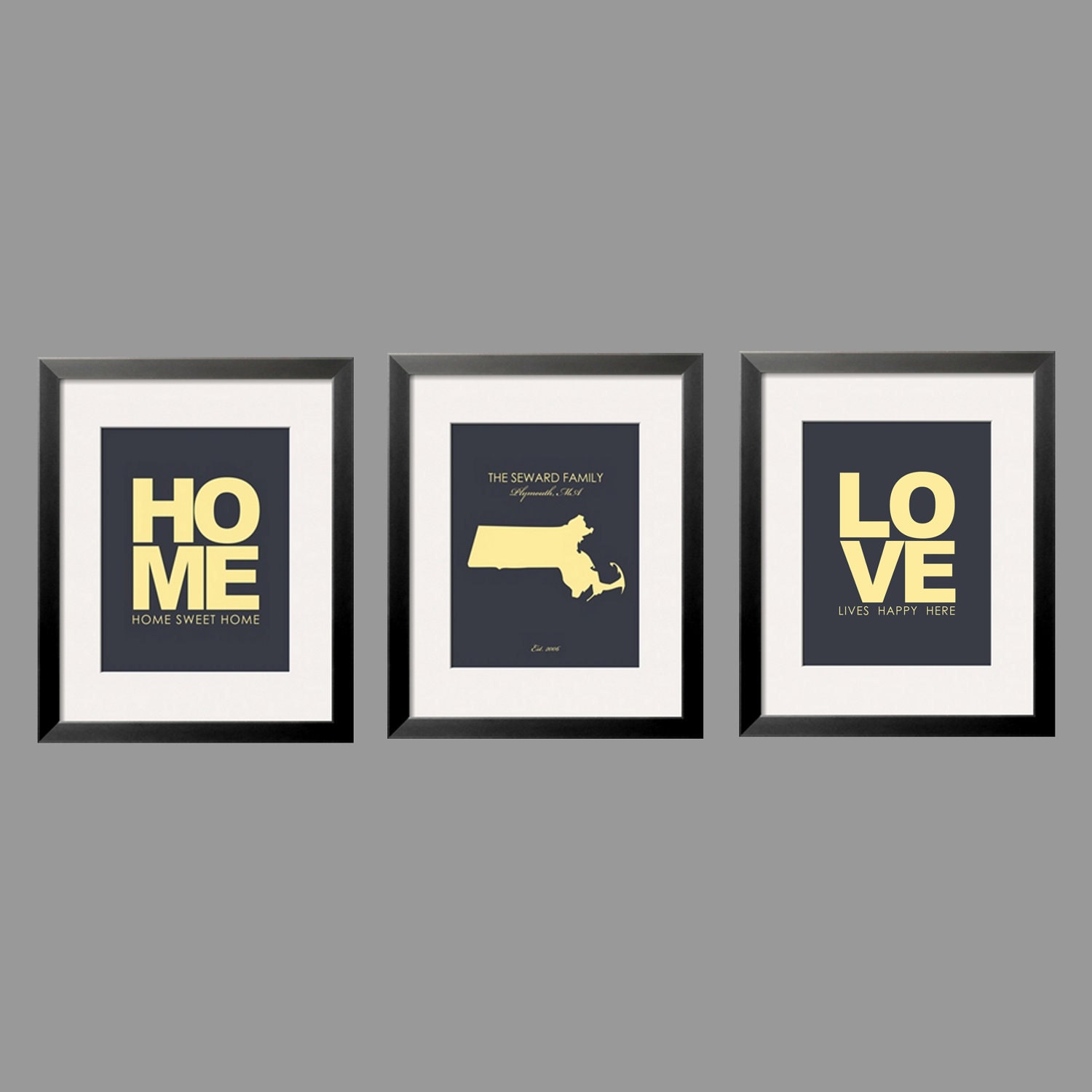 Anniversary gift in Yellow and Gray. Love Lives Happy Here, Home Sweet Home,Customized State Map 3 ps print set 8x10 by Yasisplace