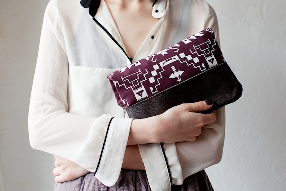 Tribal Pattern Printed Leather Pouch Plum No. ZP-101
