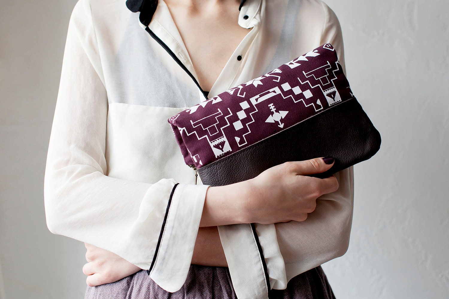 Tribal Pattern Printed Leather Pouch Plum No. ZP-101