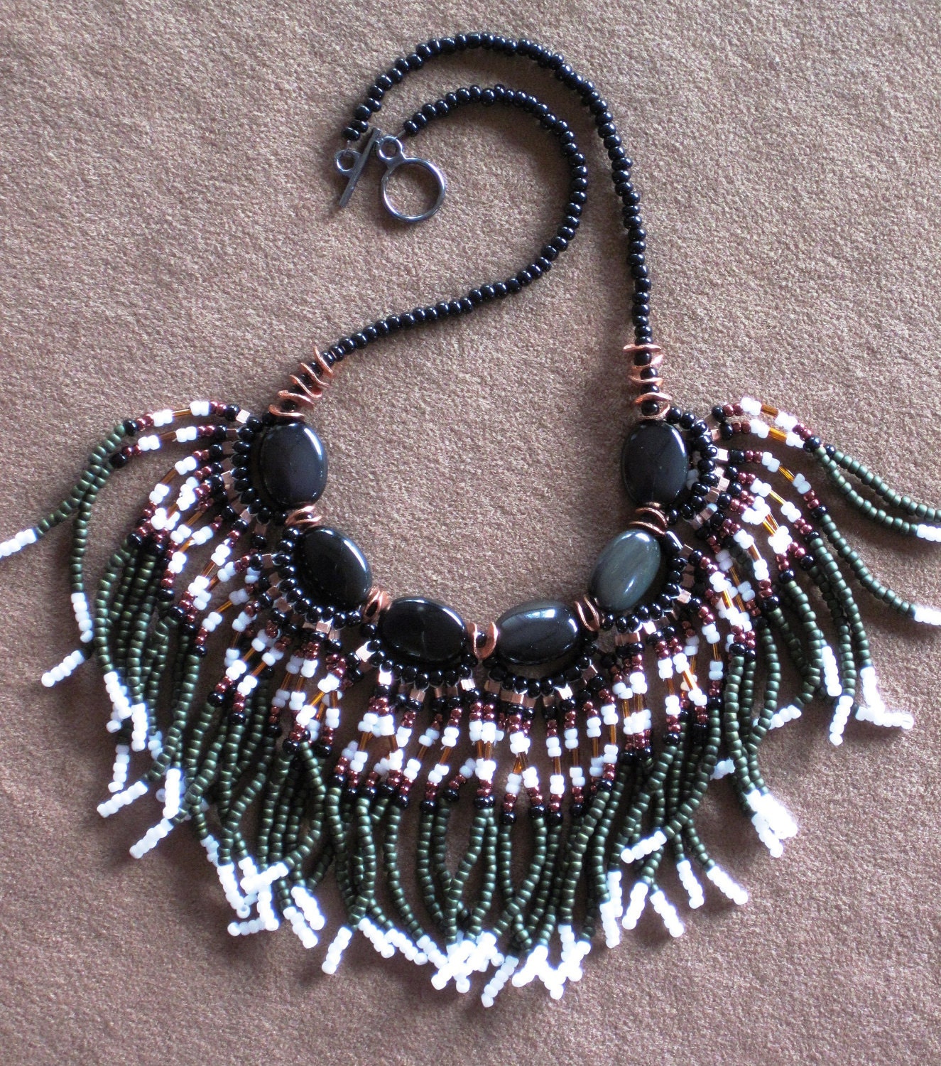 PRICE REDUCED Native American tribal style beaded collar necklace in olive green, copper and white with opalescent black stones