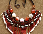 PRICE REDUCED Native American tribal style beaded fringed collar necklace with red and white fired agates