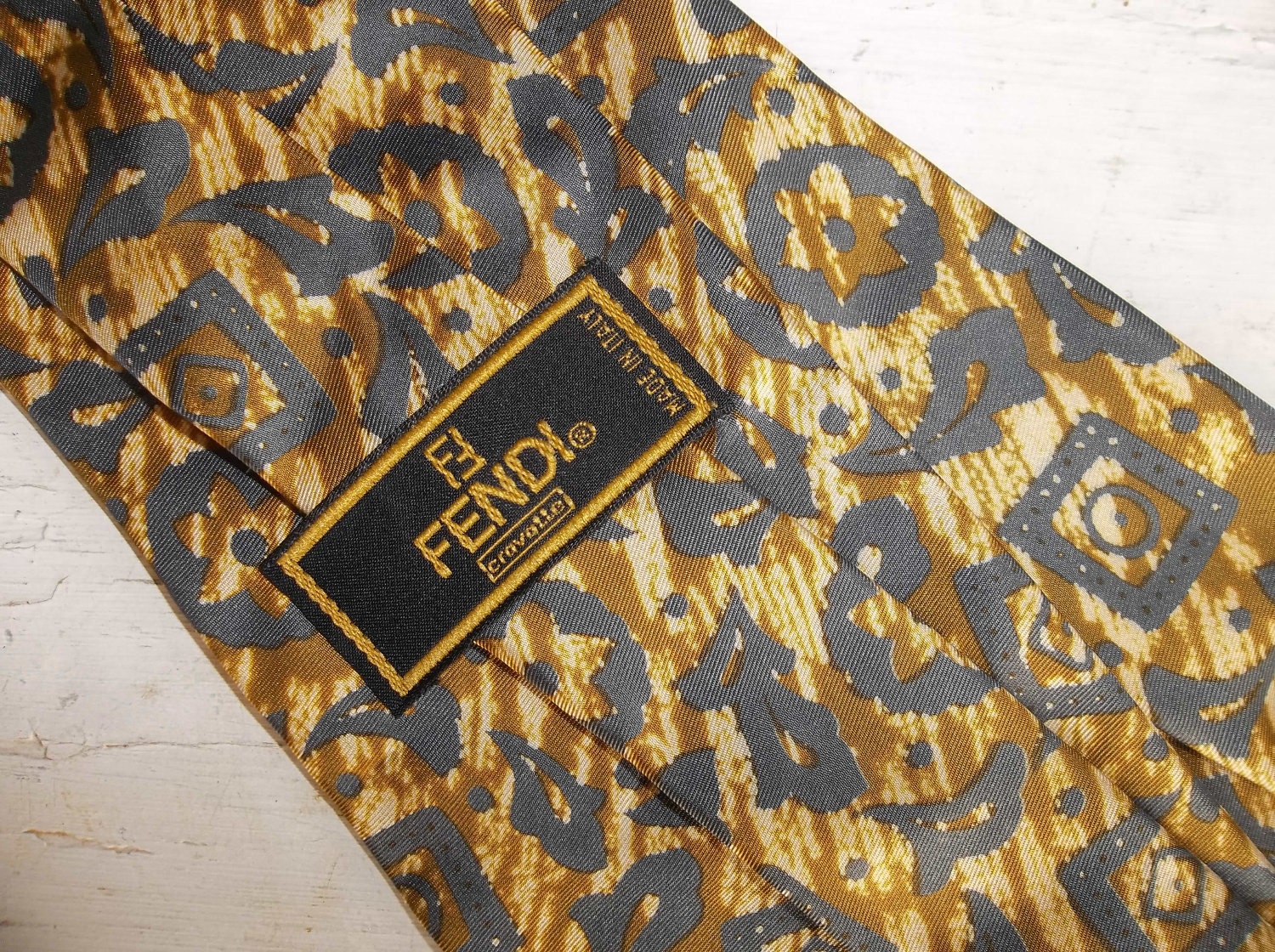 FENDI Mens Necktie / Grey and Mustard Yellow / Designer Tie