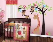Children Wall Decal Wall Sticker tree decal - Monkeys on the Tree with Giraffe Wall Sticker - PLSF020L