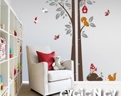 Children Wall Decal Wall Sticker - Squirrels On the Tree with Birds and Birdhouse - PLWD020L