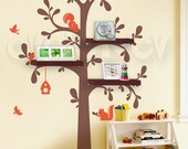 Floating Shelves Tree Wall Decal with Birds and Squirrels -Nursery Wall Decals - Tree Wall Sticker - TRFS010